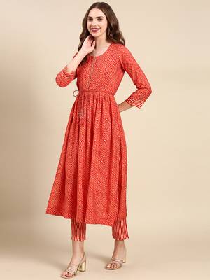 women's round neck bandhani orange anarkali kurta and trouser with dupatta 4
