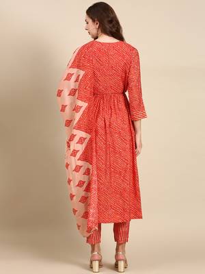 women's round neck bandhani orange anarkali kurta and trouser with dupatta 5