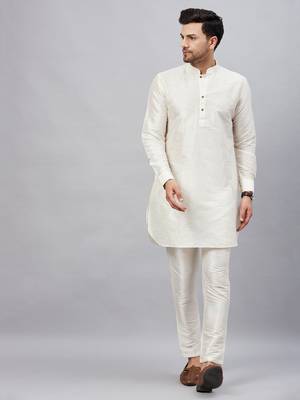 Cream And Cream Cotton Blend Kurta Pyjama Set 1