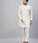 Cream And Cream Cotton Blend Kurta Pyjama Set