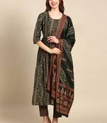 women's round neck ethnic motifs foil print green anarkali kurta and trouser with dupatta