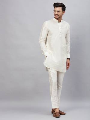 Cream And Cream Cotton Blend Kurta Pyjama Set 2