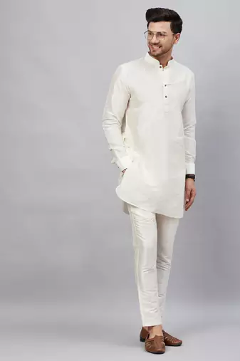 Cream And Cream Cotton Blend Kurta Pyjama Set
