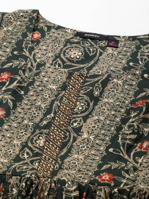 women's round neck ethnic motifs foil print green anarkali kurta and trouser with dupatta 2
