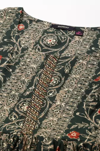 women's round neck ethnic motifs foil print green anarkali kurta and trouser with dupatta