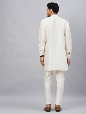 Cream And Cream Cotton Blend Kurta Pyjama Set 3