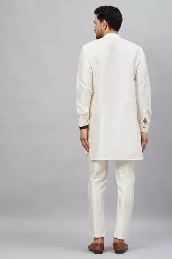 Cream And Cream Cotton Blend Kurta Pyjama Set