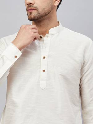 Cream And Cream Cotton Blend Kurta Pyjama Set 4