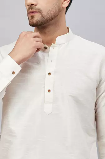 Cream And Cream Cotton Blend Kurta Pyjama Set