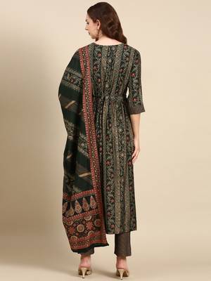 women's round neck ethnic motifs foil print green anarkali kurta and trouser with dupatta 4
