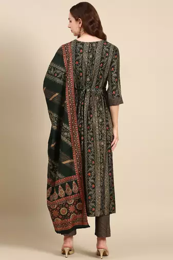 women's round neck ethnic motifs foil print green anarkali kurta and trouser with dupatta