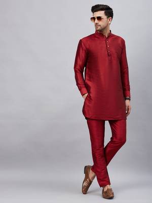 Men'S Maroon And Maroon Cotton Blend Kurta Pyjama Set 1