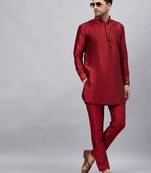 Men'S Maroon And Maroon Cotton Blend Kurta Pyjama Set