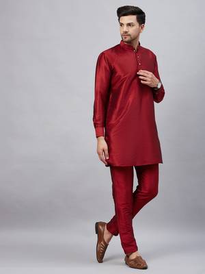 Men'S Maroon And Maroon Cotton Blend Kurta Pyjama Set 2