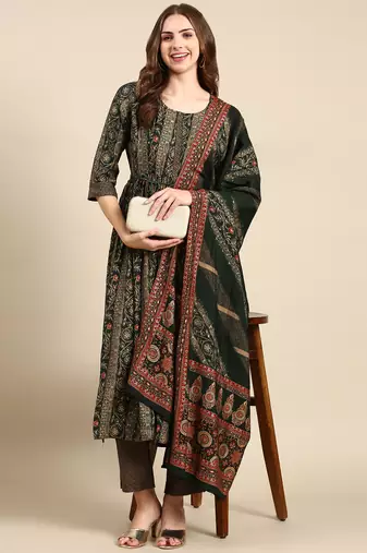 women's round neck ethnic motifs foil print green anarkali kurta and trouser with dupatta