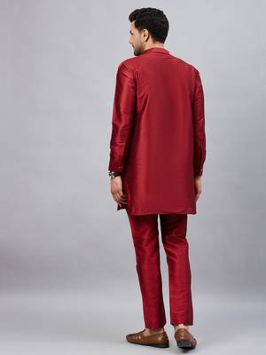 Men'S Maroon And Maroon Cotton Blend Kurta Pyjama Set 3