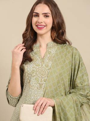 women's round neck geometric block print olive straight kurta and palazzos with dupatta 1