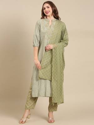 women's round neck geometric block print olive straight kurta and palazzos with dupatta 2