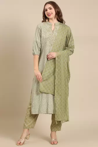 women's round neck geometric block print olive straight kurta and palazzos with dupatta