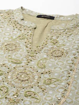 women's round neck geometric block print olive straight kurta and palazzos with dupatta 3