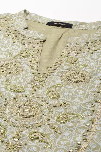 women's round neck geometric block print olive straight kurta and palazzos with dupatta