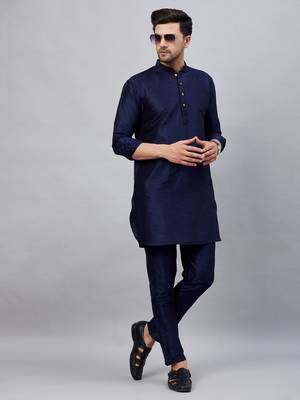 navy blue cotton blend kurta pyjama set 1
