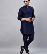 navy blue cotton blend kurta pyjama set