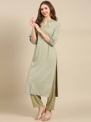 women's round neck geometric block print olive straight kurta and palazzos with dupatta 4