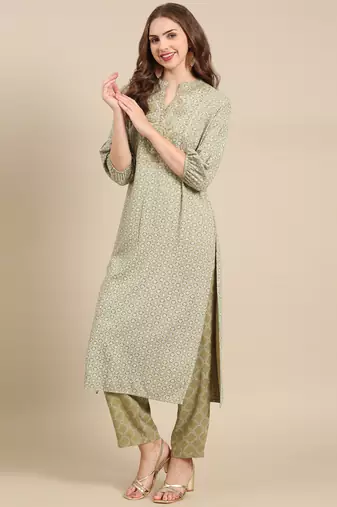 women's round neck geometric block print olive straight kurta and palazzos with dupatta