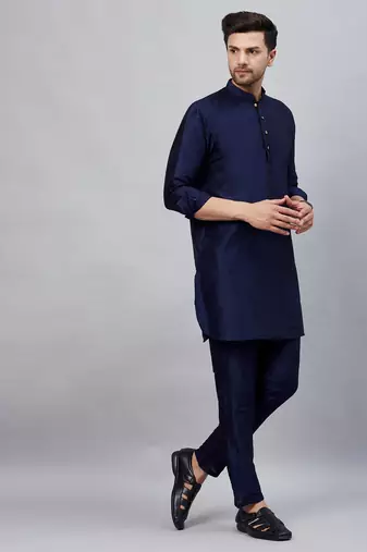 navy blue cotton blend kurta pyjama set