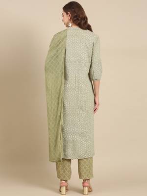 women's round neck geometric block print olive straight kurta and palazzos with dupatta 5