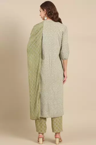 women's round neck geometric block print olive straight kurta and palazzos with dupatta