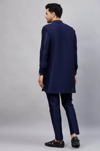 navy blue cotton blend kurta pyjama set
