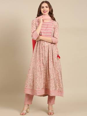 women's round neck floral ajrakh pink anarkali kurta and trouser with dupatta 2