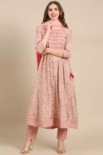 women's round neck floral ajrakh pink anarkali kurta and trouser with dupatta