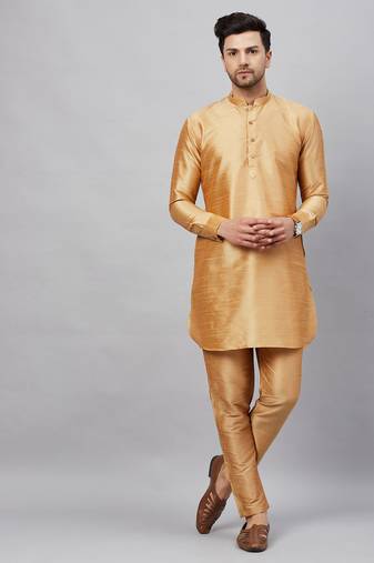 Men'S Rose Gold And Rose Gold Cotton Blend Kurta Pyjama Set