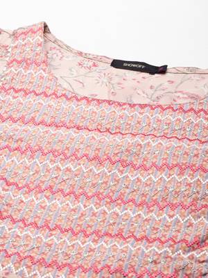 women's round neck floral ajrakh pink anarkali kurta and trouser with dupatta 3