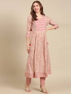 women's round neck floral ajrakh pink anarkali kurta and trouser with dupatta 4