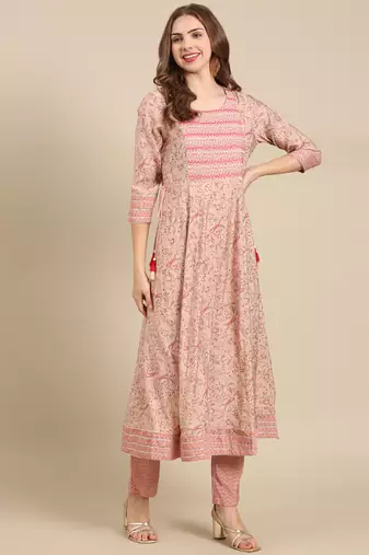 women's round neck floral ajrakh pink anarkali kurta and trouser with dupatta