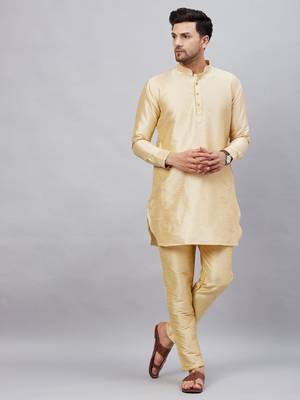 Gold And Gold Cotton Blend Kurta Pyjama Set 1