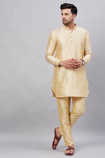 Men'S Gold And Gold Cotton Blend Kurta Pyjama Set