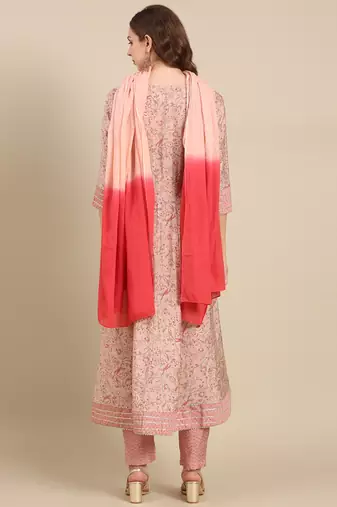 women's round neck floral ajrakh pink anarkali kurta and trouser with dupatta