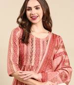 women's round neck ethnic motifs foil print peach anarkali kurta and trouser with dupatta