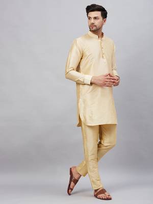 Gold And Gold Cotton Blend Kurta Pyjama Set 2