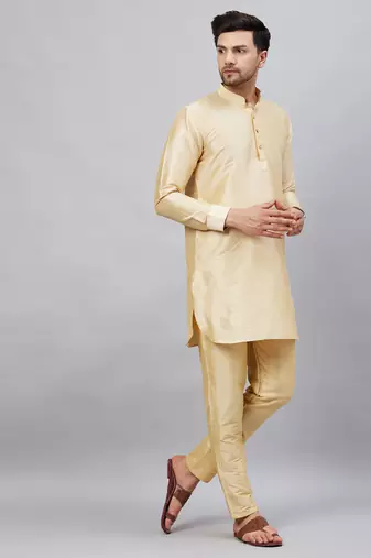 Gold And Gold Cotton Blend Kurta Pyjama Set