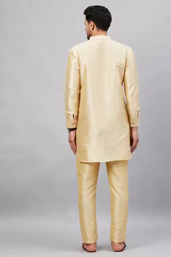 Gold And Gold Cotton Blend Kurta Pyjama Set