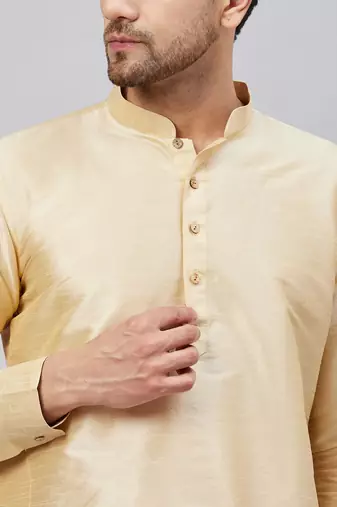 Gold And Gold Cotton Blend Kurta Pyjama Set