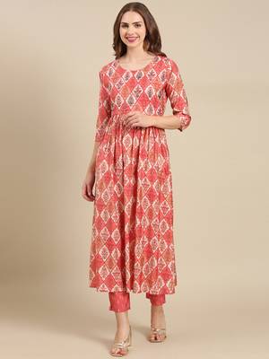 women's v-neck ethnic motifs foil print coral anarkali kurta and trouser 2