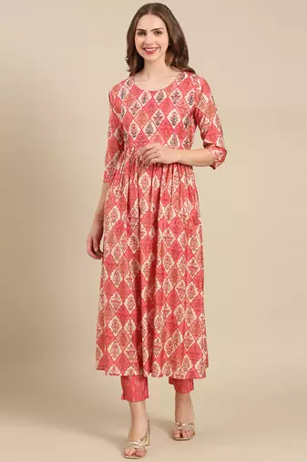 women's v-neck ethnic motifs foil print coral anarkali kurta and trouser