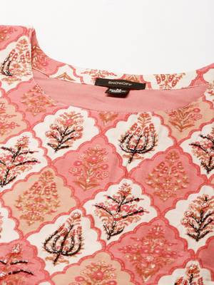 women's v-neck ethnic motifs foil print coral anarkali kurta and trouser 3